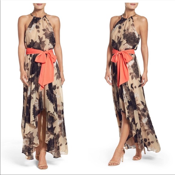 Eliza J Belted Chiffon Floral Print Maxi Dress